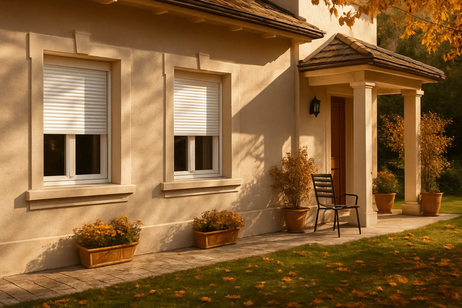 Façade de maison moderne avec volets roulants blancs, baignée de lumière automnale dans le Puy-de-Dôme.